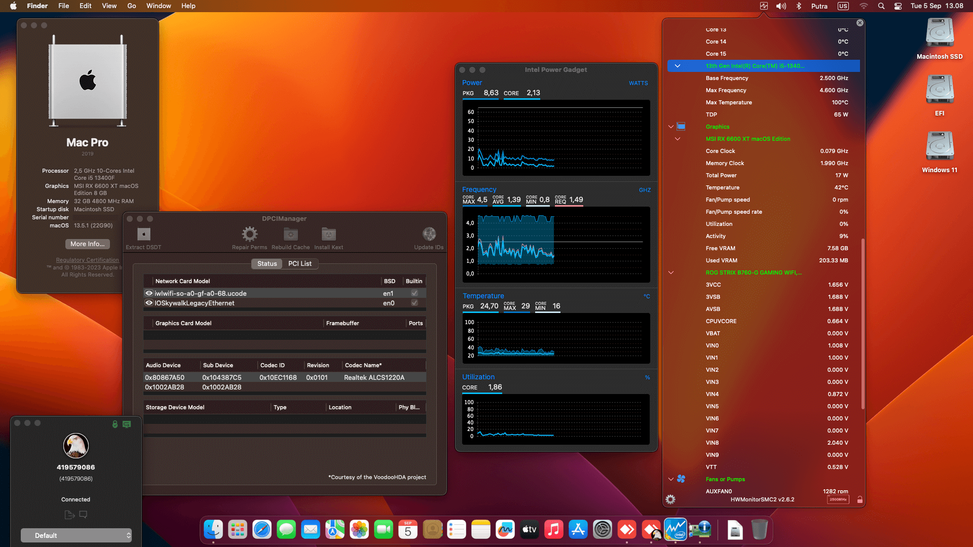 Success Hackintosh macOS Ventura 13.5.1 Build 22G90 in Asus ROG Strix B760-G Gaming Wifi + Intel Core i5 13400F + MSI RX 6600 XT